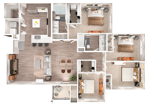 Floor plan for 4 beds, 2 baths, 1729 sqft